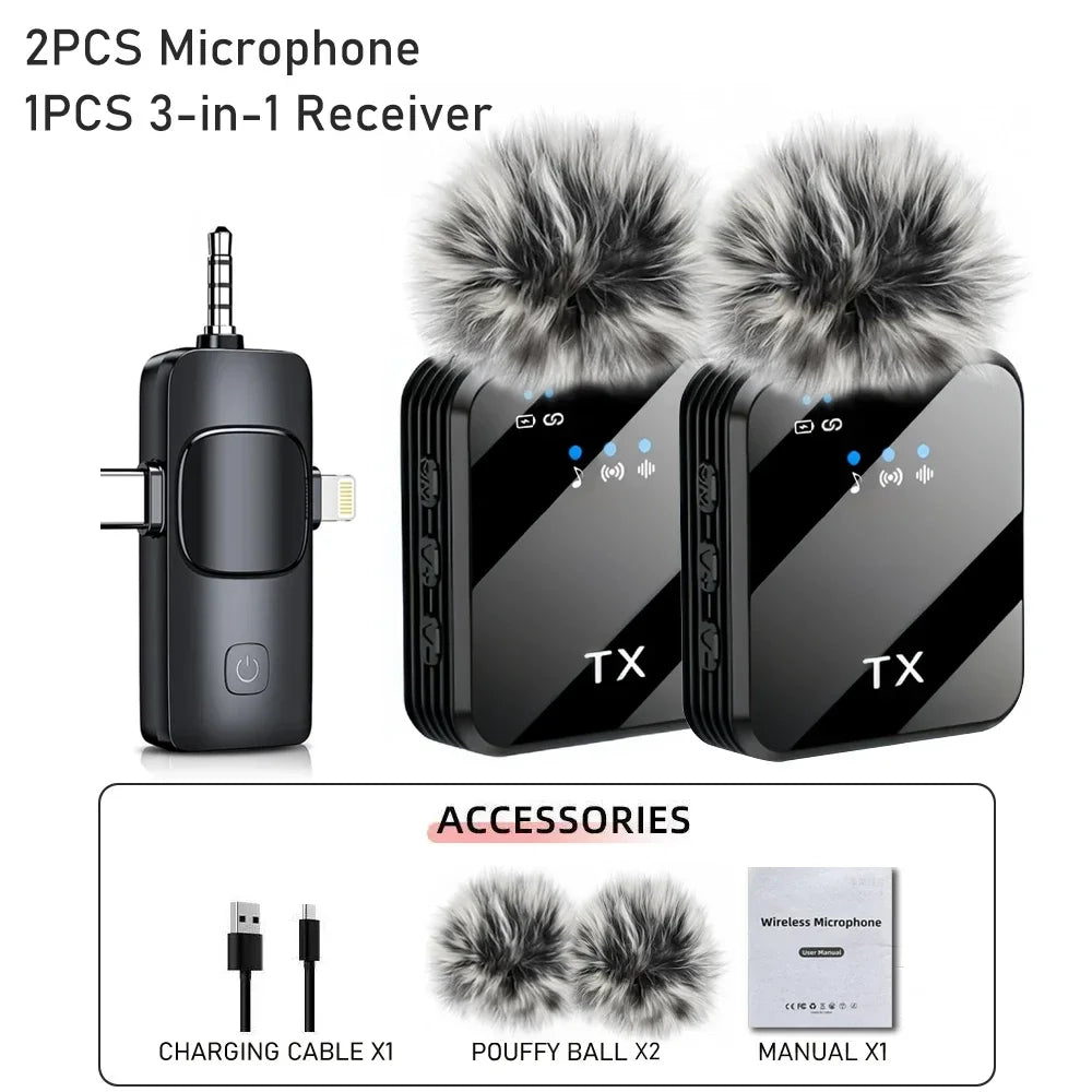 Microphone Sans Fil 3 en 1 iPhone & Android – Portée 100m (328ft) – Mini Micro Professionnel pour Interview & Vlog