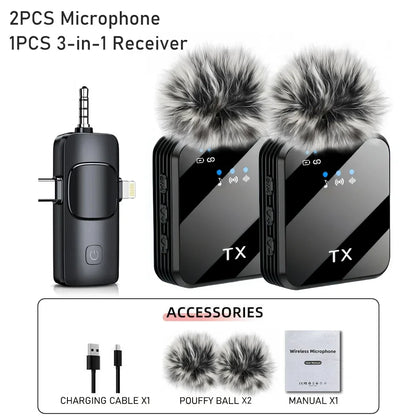 Microphone Sans Fil 3 en 1 iPhone & Android – Portée 100m (328ft) – Mini Micro Professionnel pour Interview & Vlog