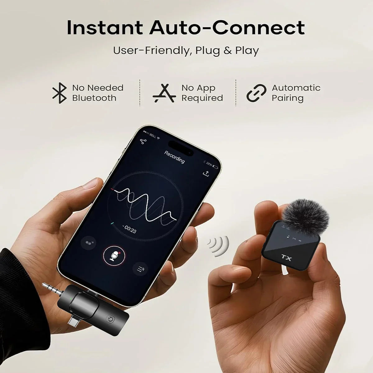 Microphone Sans Fil 3 en 1 iPhone & Android – Portée 100m (328ft) – Mini Micro Professionnel pour Interview & Vlog