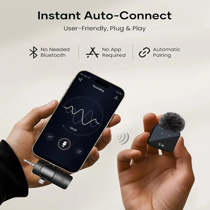 Microphone Sans Fil 3 en 1 iPhone & Android – Portée 100m (328ft) – Mini Micro Professionnel pour Interview & Vlog